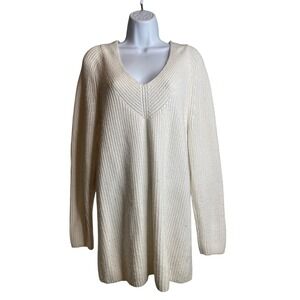 Lucky Brand Women's Cream Chunky Shaker‎ Knit V Neck Sweater Size M Oversized